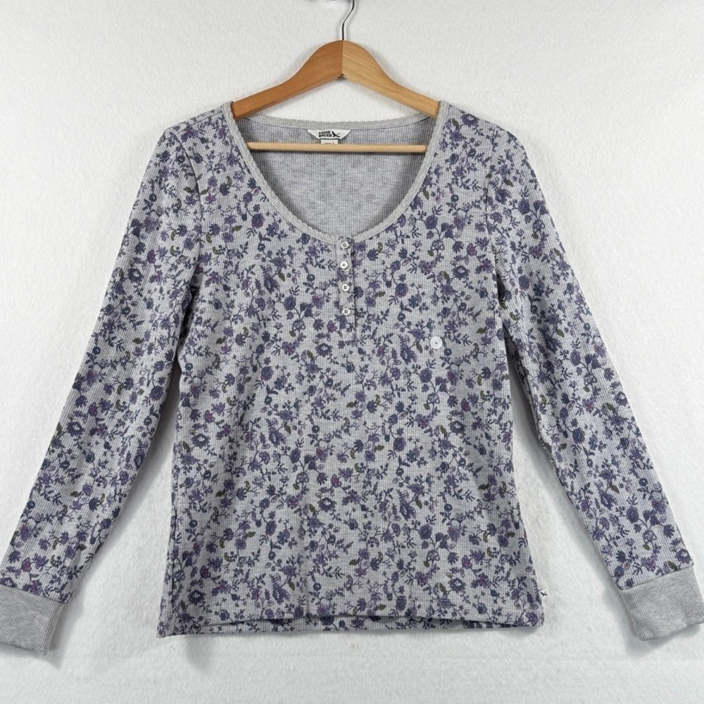 Eddie Bauer Henley Thermal Top Womens Large Grey Purple Floral Waffle Knit NEW